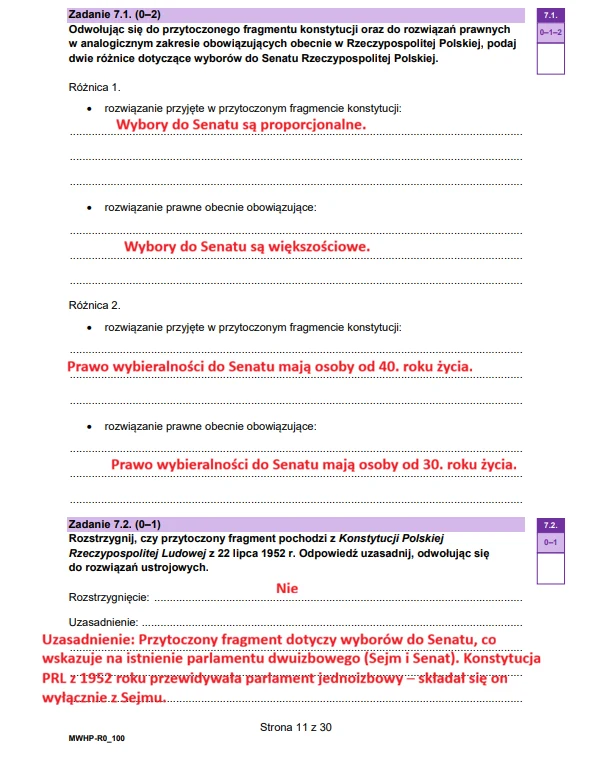 Wiedza o społeczeństwie - matura 2026 - arkusz CKE, strona 11. Wypełniona karta egzaminacyjna z zadaniami dotyczącymi konstytucji i wyborów do Senatu w Polsce, z odpowiedziami zaznaczonymi i wpisanymi na czerwono, obejmująca pytania o różnice w prawie wyborczym oraz analizę fragmentu konstytucji.