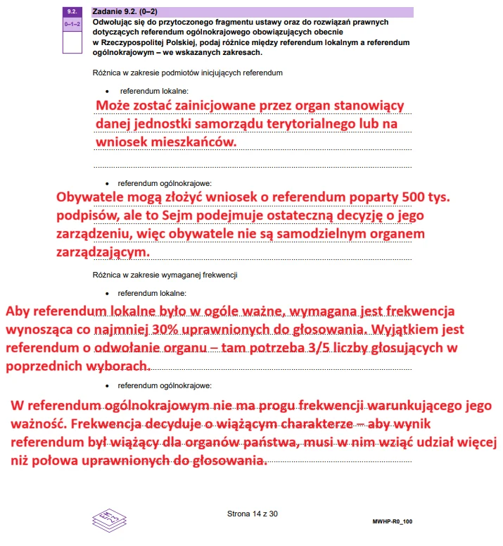 Wiedza o społeczeństwie - matura 2026 - arkusz CKE, strona 14. Wycinek podręcznika lub materiału edukacyjnego zawierający zadanie dotyczące referendum, fragment tekstu źródłowego z Konstytucji oraz obszerne notatki i wyróżnienia zapisane na czerwono, które wyjaśniają zasady dotyczące inicjowania, organizacji i war...