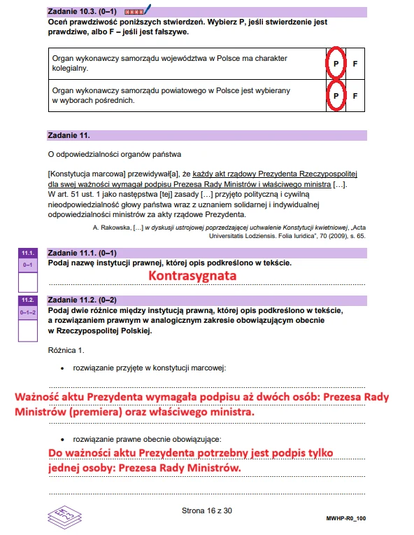 Wiedza o społeczeństwie - matura 2026 - arkusz CKE, strona 16. Fragment arkusza egzaminacyjnego z zakresu wiedzy o społeczeństwie przedstawiający zadania dotyczące samorządu województwa, pojęcia kontrasygnaty oraz procedury podpisywania aktów Prezydenta RP, z zaznaczonymi odpowiedziami i podkreślonymi kluczowymi i...