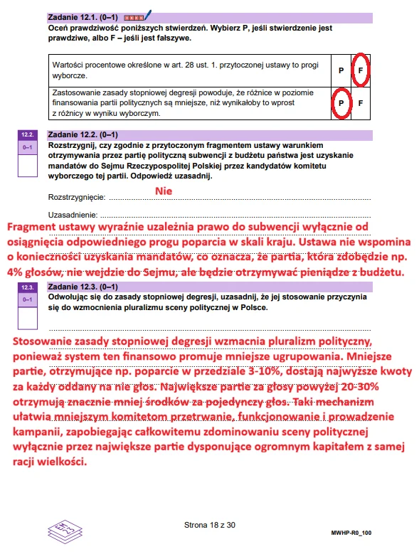 Wiedza o społeczeństwie - matura 2026 - arkusz CKE, strona 18. Fragment arkusza egzaminacyjnego z zadaniem dotyczącym progów wyborczych i zasady stopniowej degresji w subwencji, zawierający ocenę prawdziwości dwóch stwierdzeń, odpowiedzi P i F oraz rozbudowane uzasadnienie podkreślone na czerwono i fioletowo.