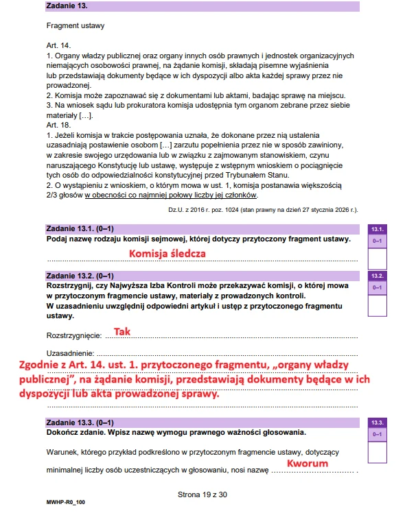 Wiedza o społeczeństwie - matura 2026 - arkusz CKE, strona 19. Fragment arkusza egzaminacyjnego z pytaniami dotyczącymi fragmentu ustawy, zawierający odpowiedzi i wyjaśnienia, podkreślenia oraz wyraźnie zaznaczone słowa kluczowe i wyróżnienia kolorem fioletowym oraz czerwonym.