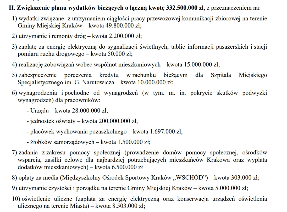 Lista wydatków budżetowych obejmująca m.in. komunikację miejską, remonty dróg, energię elektryczną dla sygnalizacji świetlnej, pomoc społeczną, wsparcie dla szpitala miejskiego, wynagrodzenia pracowników urzędów oraz działania związane z utrzymaniem cz...