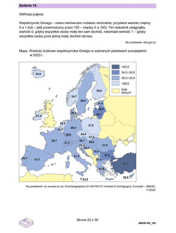Wiedza o społeczeństwie - matura 2026 - arkusz CKE, strona 22. Mapa Europy prezentuje współczynnik Giniego w 2023 roku dla wybranych krajów, z kolorystycznym podziałem według poziomu nierówności dochodów; najwyższe wartości widoczne są w krajach bałtyckich oraz na Bałkanach, najniższe w Czechach, Słowenii i na Sło...