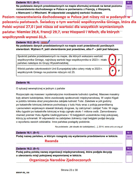 Wiedza o społeczeństwie - matura 2026 - arkusz CKE, strona 23. Fragment arkusza egzaminacyjnego z geografii zawierający zadania tekstowe oraz ilustracje z symbolami i odpowiedziami, oznaczenia poprawnych odpowiedzi oraz wyraźne podkreślenia i zaznaczenia kolorowym pisakiem.