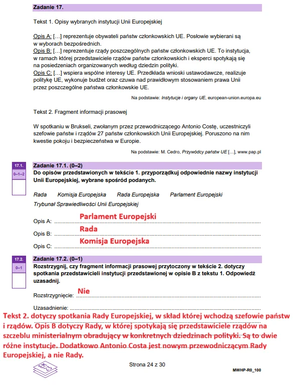 Wiedza o społeczeństwie - matura 2026 - arkusz CKE, strona 24. Arkusz egzaminacyjny zawiera kolorowe zadania związane z Unią Europejską, fragment informacji prasowej o spotkaniu Rady Europejskiej, odpowiedzi ucznia wyróżnione czerwonym i fioletowym tekstem oraz poprawione błędy i uzasadnienie oceny nauczyciela.