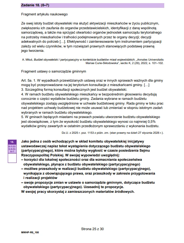 Wiedza o społeczeństwie - matura 2026 - arkusz CKE, strona 25. Strona arkusza egzaminacyjnego z wyraźnie oznaczonym zadaniem numer 18, zawierająca fragment artykułu naukowego, cytat z ustawy o samorządzie gminnym oraz polecenie do analizy tekstu wraz z tabelą z wypunktowanymi podpowiedziami dotyczącymi wykorzystan...