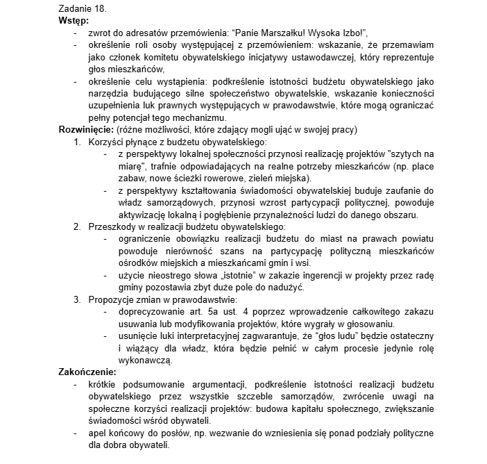 Konspekt do zadania nr 18 - matura 2026, wiedza o społeczeństwie Notatka w formie wypunktowanej, zawierająca strukturę odpowiedzi do zadania z języka polskiego na temat budżetu obywatelskiego, podzielona na sekcje: wstęp, rozwinięcie (korzyści i przeszkody w realizacji budżetu oraz propozycje zmian) oraz zakończenie.