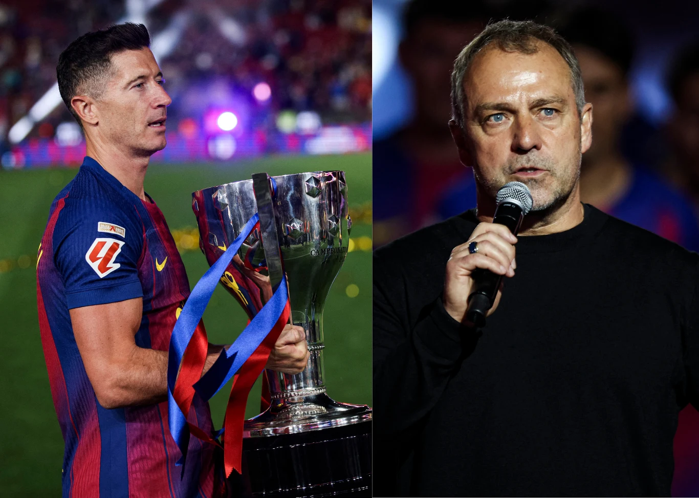 Piłkarz w trykocie FC Barcelony trzyma puchar ozdobiony klubowymi szarfami, obok trener ubrany na czarno przemawia do mikrofonu.