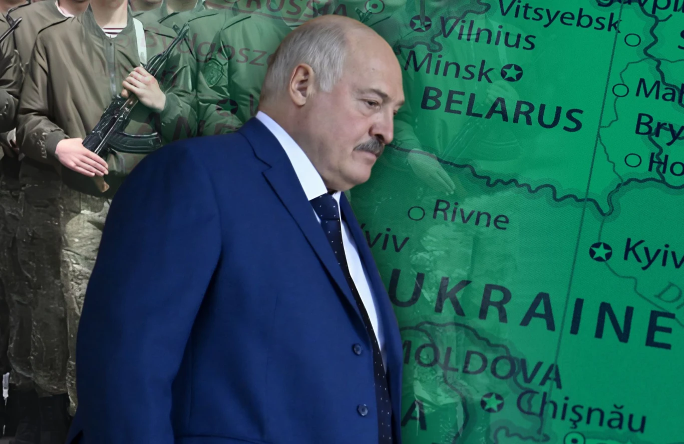Alaksandr Łukaszenka ogłosił "kierunkową mobilizację" na Białorusi Alaksandr Łukaszenka obok żołnierzy Białorusi na tle mapy