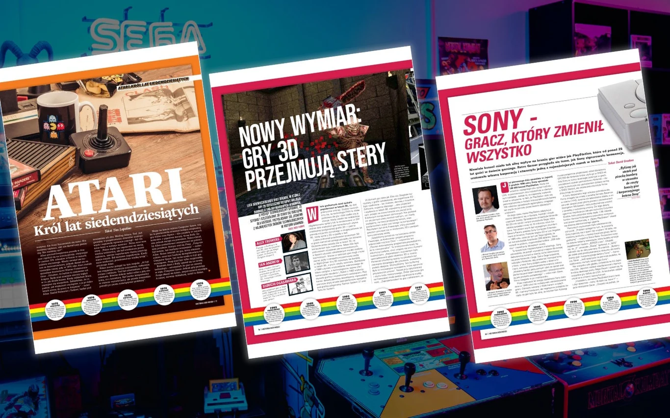 "Historia gier wideo" Trzy kolorowe strony magazynu o historii gier wideo, widoczne na tle retro automatów arcade.