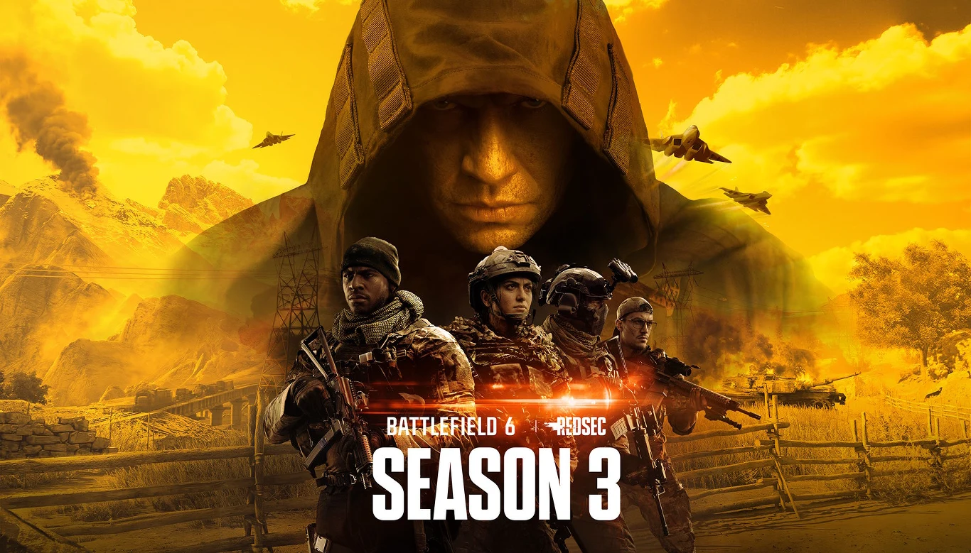 Battlefield 6 Czterech uzbrojonych żołnierzy na pierwszym planie, w tle postać w kapturze, myśliwce i napisy 'Battlefield 6' oraz 'Season 3'.