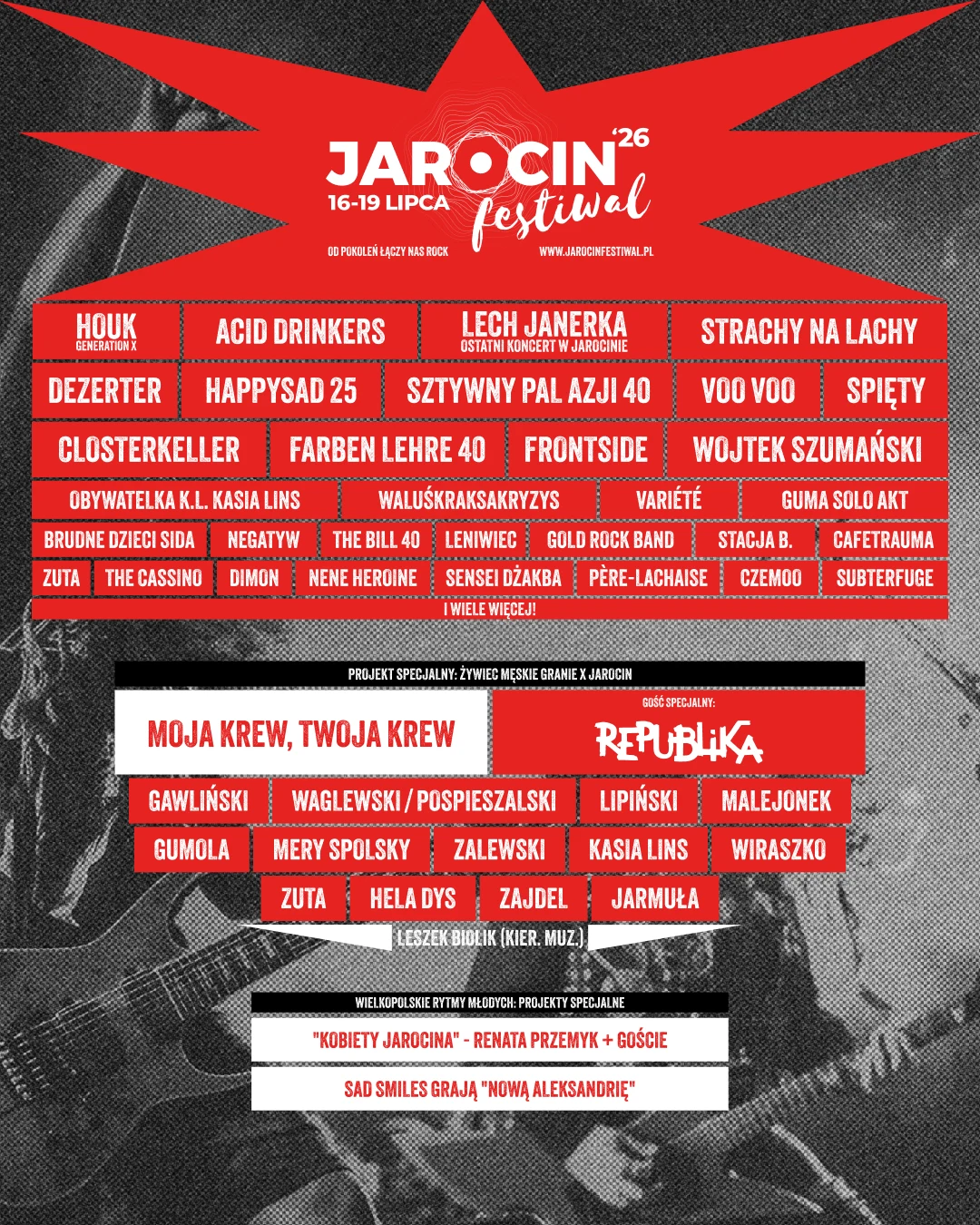 Line-up festiwalu w Jarocinie Plakat promujący Jarocin Festiwal 2026 z datą 16-19 lipca, listą głównych wykonawców oraz informacją o projekcie specjalnym poświęconym zespołowi Republika, przedstawiony w czerwono-czarnej kolorystyce.