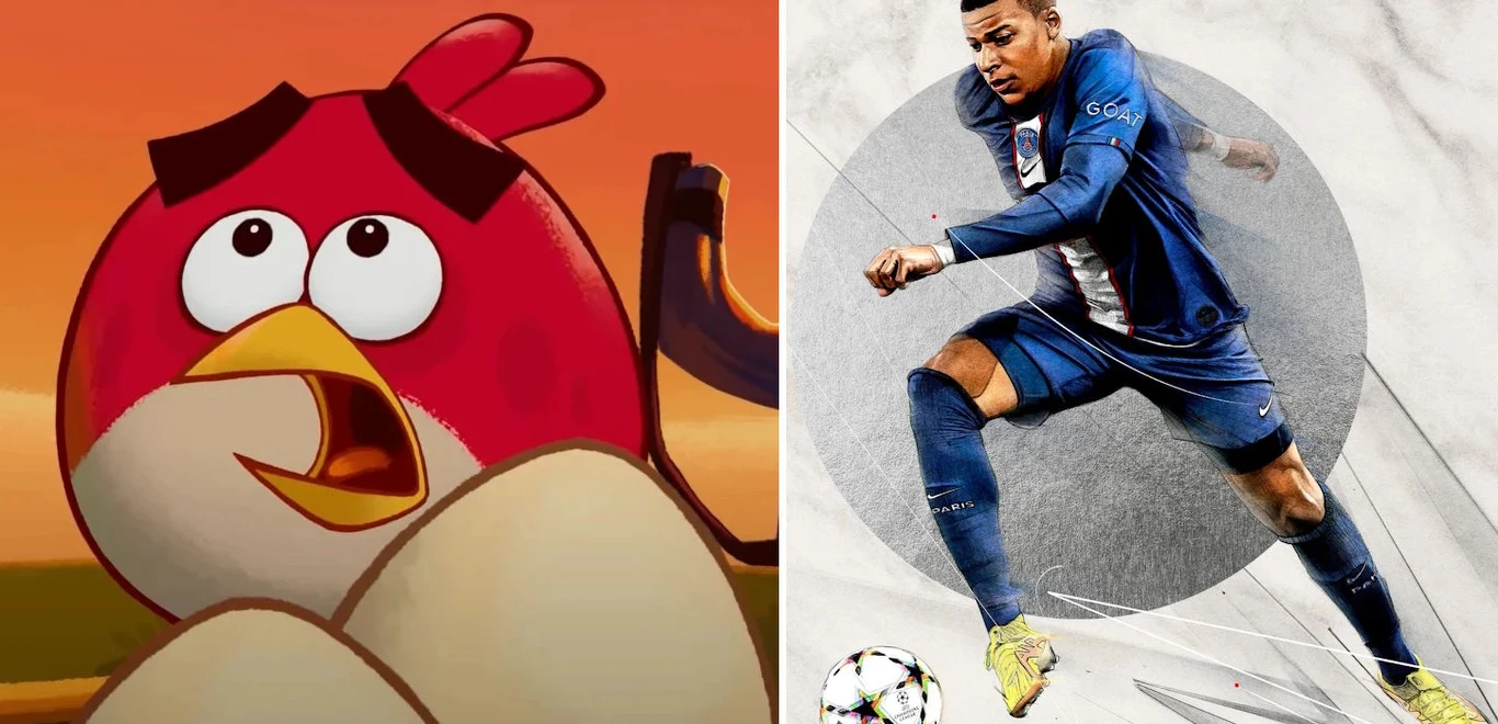 "Angry Birds" i "FIFA 23" Czerwony ptak z Angry Birds i piłkarz w niebiesko-białym stroju z piłką przy nodze, nawiązanie do FIFA.