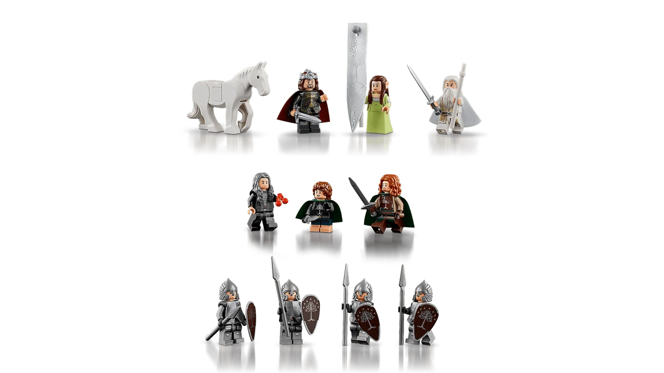 "LEGO Icons: Władca Pierścieni: Minas Tirith" Minifigurki LEGO przedstawiające postacie fantasy z mieczami, tarczami oraz białym koniem, ustawione w trzech rzędach na czarnych podstawkach.
