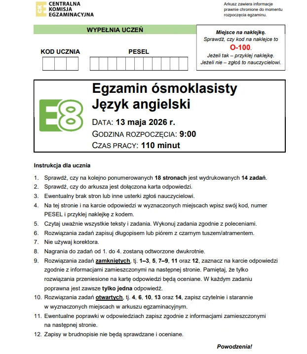Egzamin ósmoklasisty 2026, język angielski. Arkusz CKE i odpowiedzi - strona 1