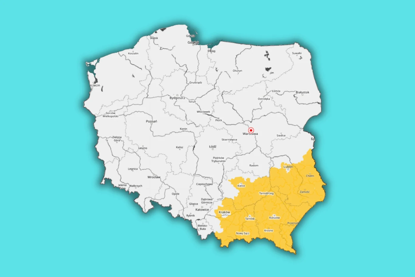 Mapa Polski z wyróżnionymi na żółto województwami południowo-wschodniej części kraju: małopolskim, podkarpackim oraz świętokrzyskim.