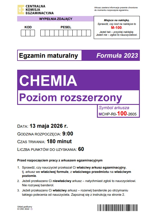Arkusz egzaminu maturalnego z chemii na poziomie rozszerzonym, formuła 2023, zawierający informacje o dacie egzaminu, czasie trwania i liczbie punktów, z wyróżnionym polem na dane zdającego oraz instrukcją dla ucznia.