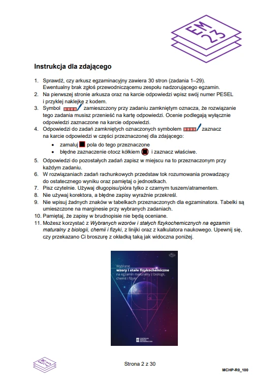 Strona z instrukcją dla zdającego egzamin zawierająca szczegółowe wytyczne dotyczące sposobu rozwiązywania zadań, zaznaczania odpowiedzi i zasad postępowania, u góry widoczne logo egzaminu, u dołu miniatura okładki arkusza oraz numer strony.