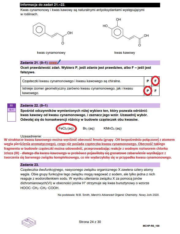 Fragment arkusza egzaminacyjnego z chemii z zadaniami dotyczącymi kwasu cynamonowego i kwasu kawowego, zawierający wzory strukturalne tych związków, tabele z odpowiedziami P/F, wyróżnione poprawne odpowiedzi czerwonymi okręgami oraz obszerny tekstowy k...