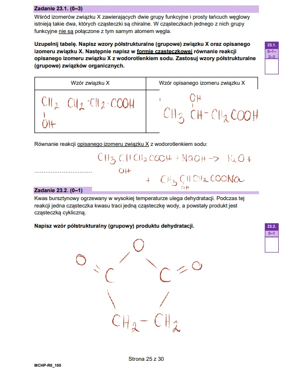 Strona zawiera fragment arkusza egzaminacyjnego z dwoma zadaniami chemicznymi, ręcznie uzupełnionymi wzorami związków chemicznych i zapisami reakcji, z wyraźnie zaznaczonym wzorem półstrukturalnym produktu reakcji w formie schematu cząsteczki.
