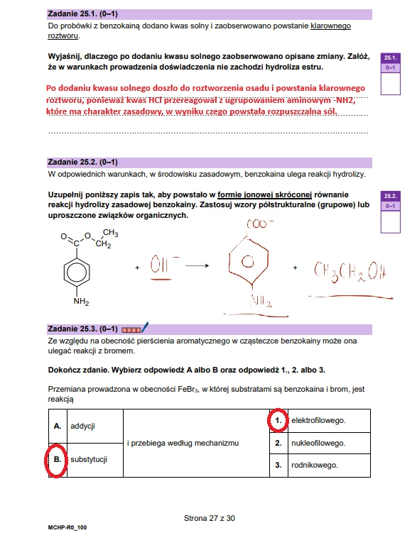 Fragment arkusza maturalnego z chemii z widocznymi trzema zadaniami, odręcznymi notatkami i zaznaczonym poprawną odpowiedzią na pytanie wielokrotnego wyboru.