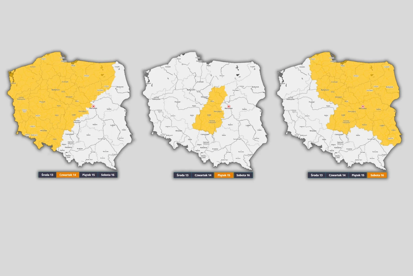 Trzy mapy Polski z podziałem na województwa, na każdej zaznaczony innym kolorem żółtym inny obszar kraju, symbolizujący różne regiony wyróżnione na poszczególnych ilustracjach.