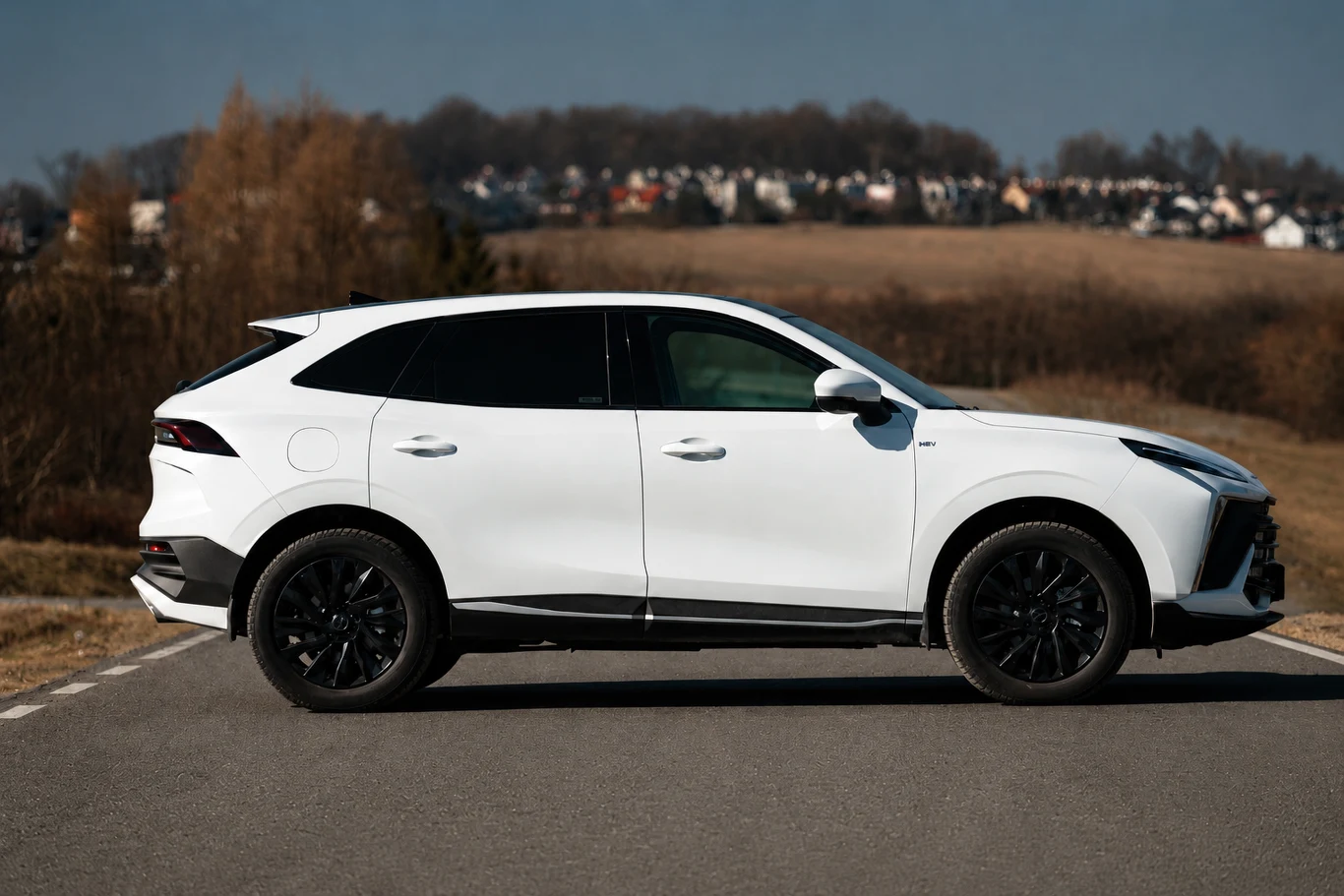Biały SUV o nowoczesnej sylwetce i czarnych, sportowych felgach stoi zaparkowany na pustej drodze na tle wiejskiego krajobrazu.