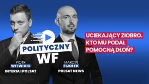 Dwaj mężczyźni w garniturach, określeni jako Piotr Witwicki i Marcin Fijołek, na niebieskim tle z nazwami redakcji oraz tytułem programu 'Polityczny WF' i hasłem 'Uciekający Ziobro. Kto mu podał pomocną dłoń?' umieszczonym na czerwonym pasku.