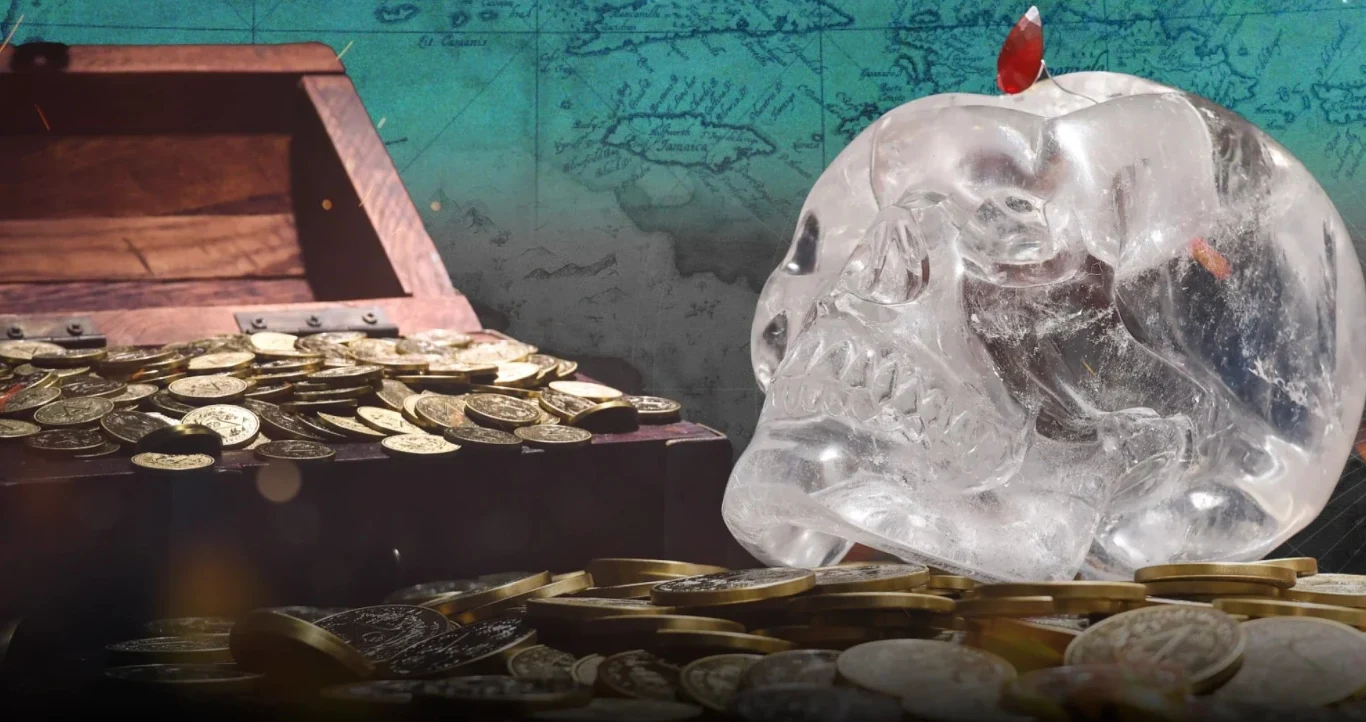 Otwarta skrzynia pełna złotych monet oraz przezroczysta czaszka z kryształu ustawiona na tle mapy.