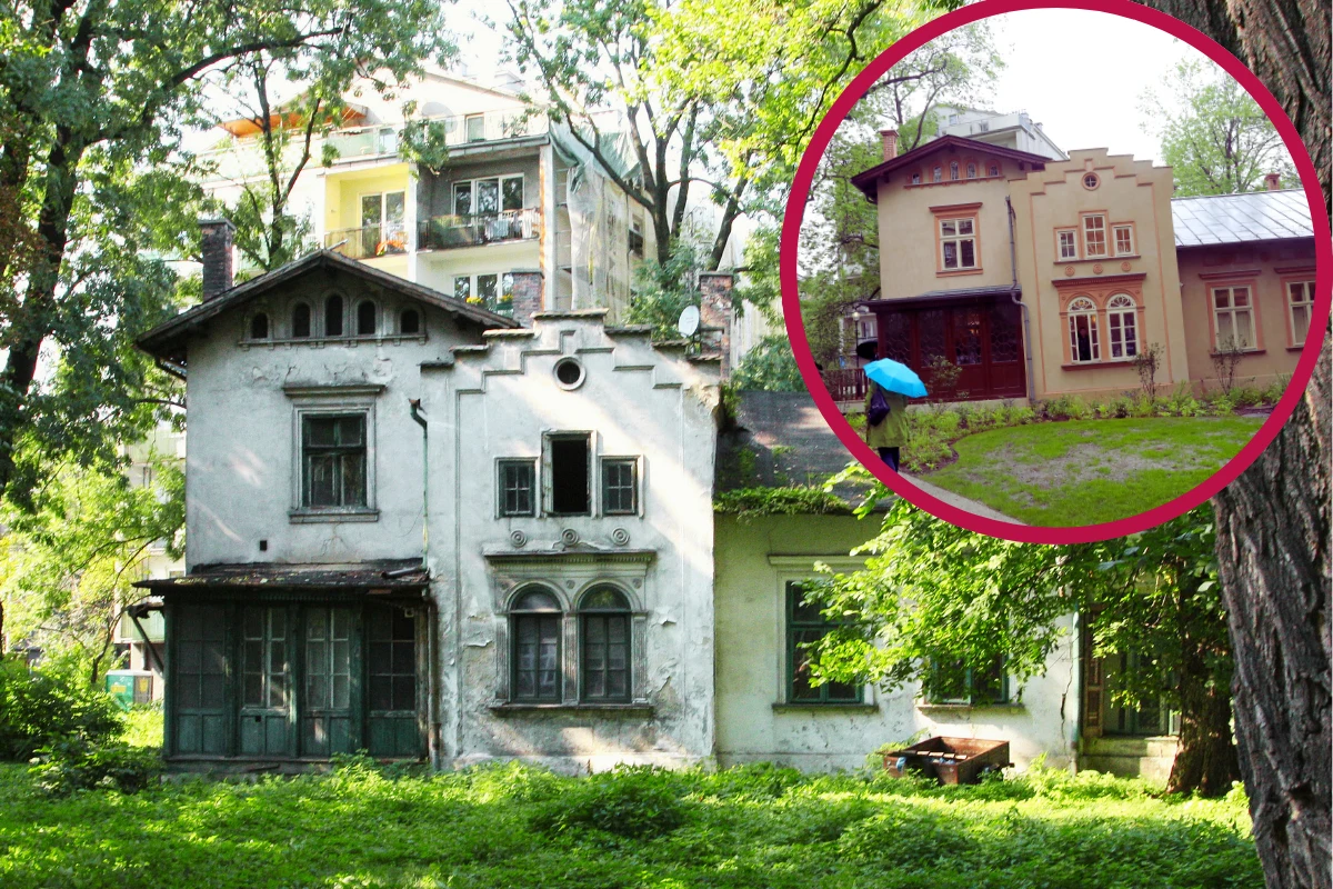 Kossakówka przed i po remoncie / fot. Grzegorz Kozakiewicz/ Kossakówka w Krakowie przed i po remoncie; widok zniszczonej oraz odnowionej elewacji willi z ogrodem.
