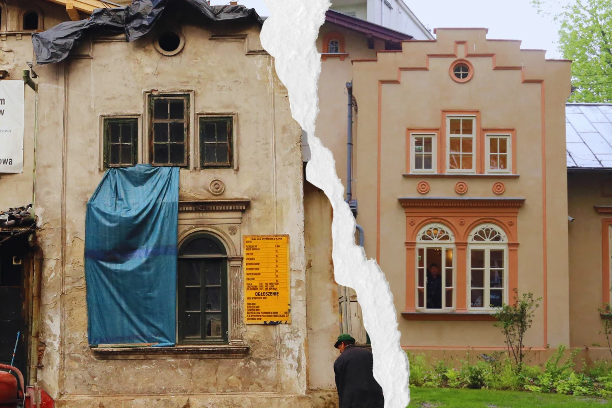 Zmiana jest spektakularna Porównanie dwóch części tej samej kamienicy – po lewej stronie zniszczona elewacja z zasłoniętym oknem i tablicą informacyjną, po prawej odnowiona fasada z jasnym tynkiem, czystymi oknami i starannie wykończonymi detalami architektonicznymi.