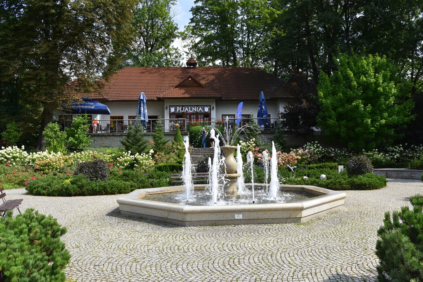 Fontanna w centrum brukowanego placu otoczona zadbaną zielenią, w tle budynek z tarasem i parasolami oraz napisem 'Pijalnia'; całość otulona gęstymi drzewami i różnorodnymi krzewami.