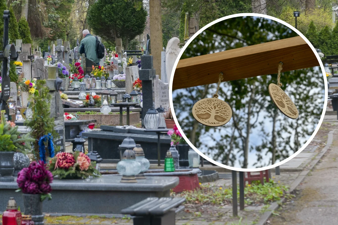 W Gliwicach, powstaje kolejne już miejsce, w którym można zdecydować się na ekologiczny pochówek / zdjęcie ilustracyjne Nagrobki z kwiatami i zniczami na cmentarzu. Drugie zdjęcie - drewniane koła z nazwiskami zmarłych wiszące na belce