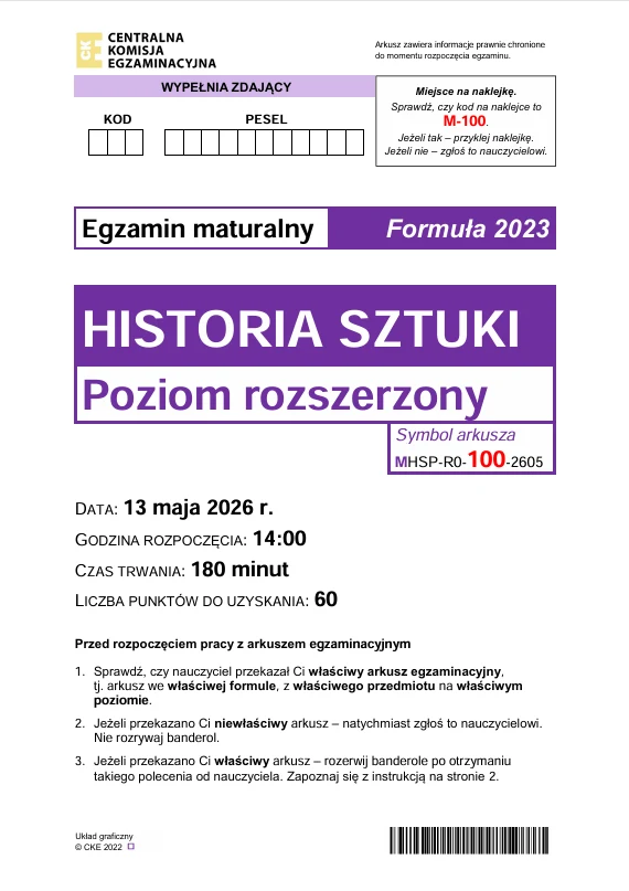 Arkusz egzaminacyjny z historii sztuki na poziomie rozszerzonym, wydany przez Centralną Komisję Egzaminacyjną na rok 2026, z wyraźnie zaznaczoną datą, godziną rozpoczęcia, czasem trwania oraz liczbą punktów możliwych do uzyskania.
