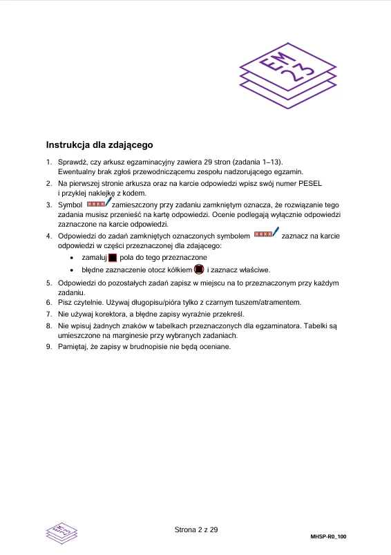 Instrukcja egzaminacyjna z wyróżnionymi zasadami dotyczącymi wypełniania arkusza, oznaczania odpowiedzi oraz postępowania podczas egzaminu, uzupełniona graficznym symbolem w górnej części strony.