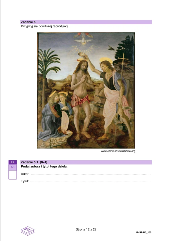 Jezus stojący pośrodku rzeki, Jan Chrzciciel polewający go wodą na głowę, gołębica unosząca się nad głową Jezusa oraz postać klęczącego anioła po lewej stronie.