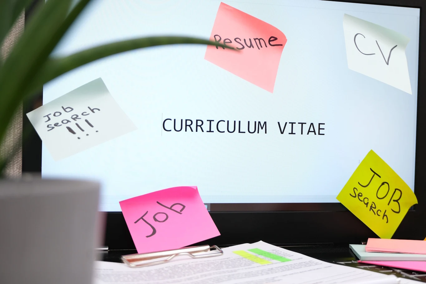 Monitor komputera z dużym napisem 'CURRICULUM VITAE', otoczony kolorowymi karteczkami z hasłami związanymi z poszukiwaniem pracy, takimi jak 'Job search', 'Resume', 'CV' i 'Job'.