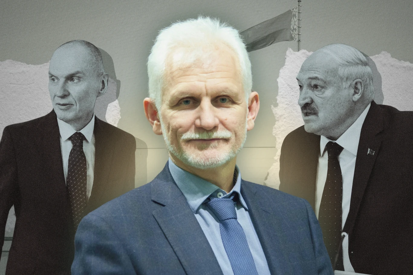 Aleś Bialacki ostrzega Andrzeja Poczobuta przed powrotem do Białorusi i reżimem Łukaszenki | Grafika: Magdalena Piasecka Aleś Bialacki w niebieskim garniturze, za nim dwie sylwetki mężczyzn i fragment flagi na tle grafiki.