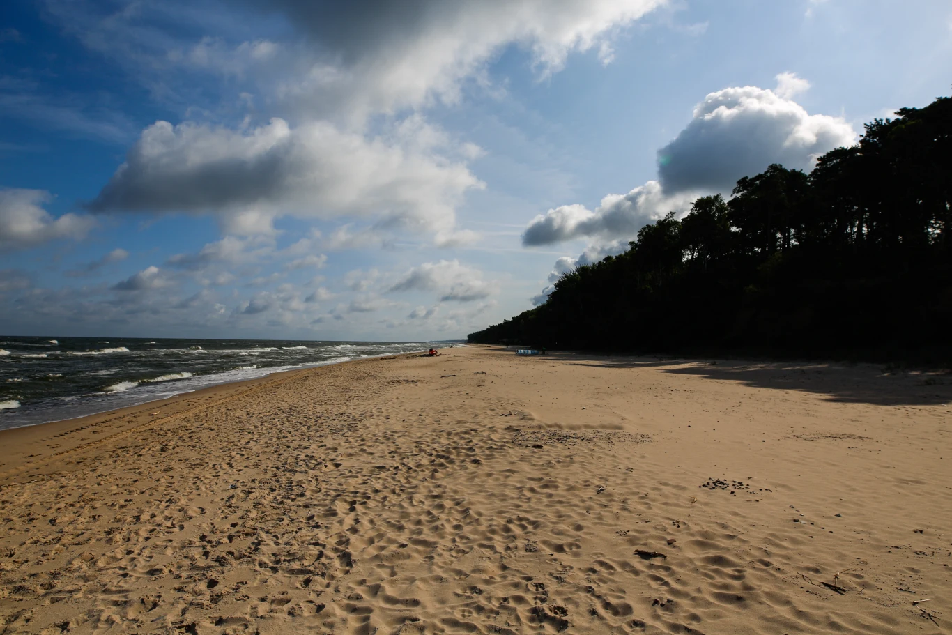 Szeroka, piaszczysta plaża rozciągająca się wzdłuż linii brzegowej, po lewej widać wzburzone fale morza, po prawej wysoki, zalesiony brzeg, nad całością unoszą się gęste, ciemne chmury na niebie.