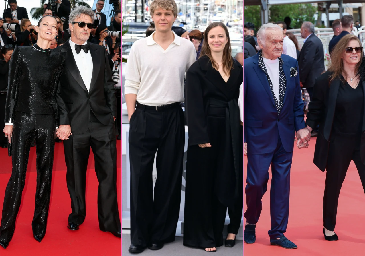 Trzy pary, każda elegancko ubrana i trzymająca się za ręce, pozują razem na czerwonym dywanie podczas wydarzenia.