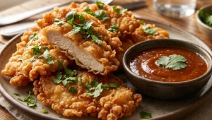Chrupiący kurczak w ziemniaczanej panierce – z sosem na bazie miodu i pasty miso