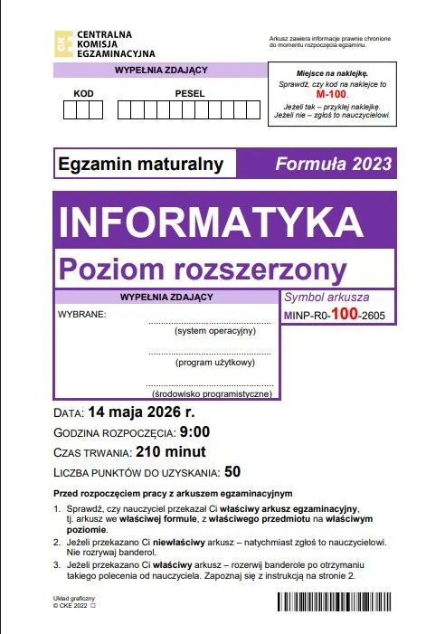 Arkusz egzaminacyjny matury z informatyki na poziomie rozszerzonym z 2026 roku w formacie CKE, dominujące kolory to fiolet i biel, widoczne szczegóły organizacyjne egzaminu oraz tabele do wpisania danych zdającego.