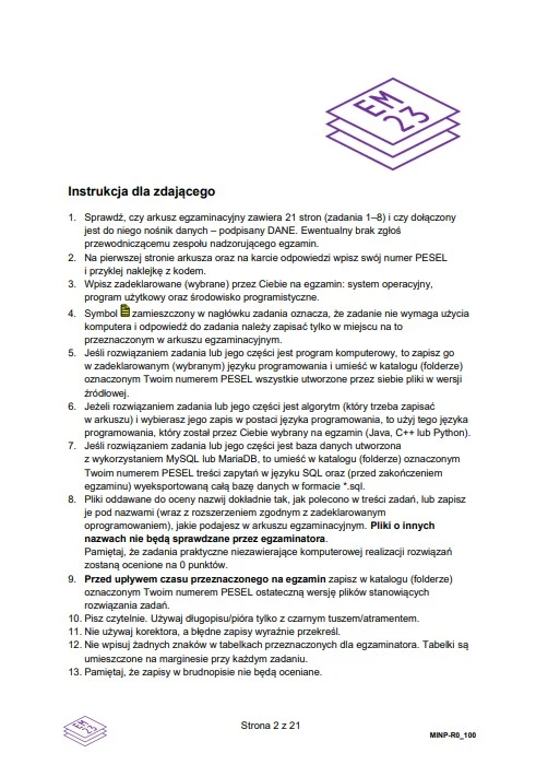 Strona zawiera szczegółową instrukcję dla zdającego, wypunktowaną listę zasad dotyczących egzaminu i procedury postępowania, z wyraźnie zaznaczonymi punktami i symbolem graficznym u góry dokumentu.