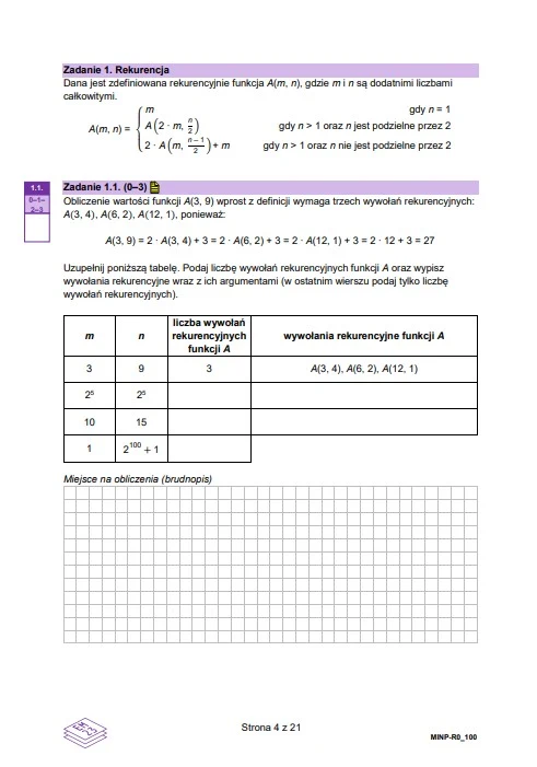 Karta pracy z matematyki dotycząca rekurencji, zawierająca zadanie z funkcją rekurencyjną, tabelę do uzupełnienia oraz siatkę na obliczenia i notatki.