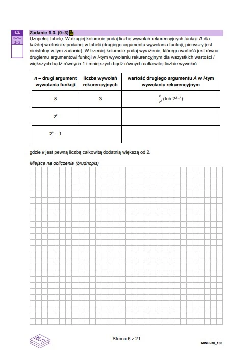 Tabela z zadaniem matematycznym dotyczącym liczby wywołań rekurencyjnych funkcji, wymagająca uzupełnienia kolumn z liczbą wywołań oraz wartościami argumentów, poniżej duża kratkowana przestrzeń przeznaczona do obliczeń.