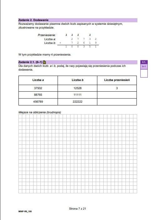 Fragment arkusza matematycznego z zadaniami dotyczącymi dodawania liczb pisemnie, tabelą prezentującą pary liczb i liczbę przeniesień oraz miejscem na obliczenia z kratkowanym tłem.