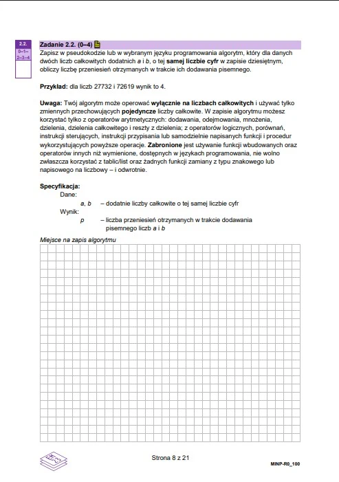Strona z zadaniem matematyczno-informatycznym zawierającym polecenie dotyczące napisania algorytmu, specyfikację zadania, miejsce na rozwiązanie oraz wyodrębnione uwagi odnośnie operowania wyłącznie na liczbach całkowitych.