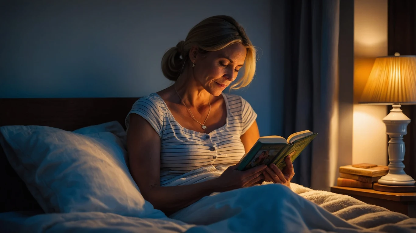 Kobieta siedzi w łóżku pod przytulnym kocem, uśmiecha się i czyta książkę przy ciepłym świetle lampki nocnej, obok leżą ułożone w stosie książki.