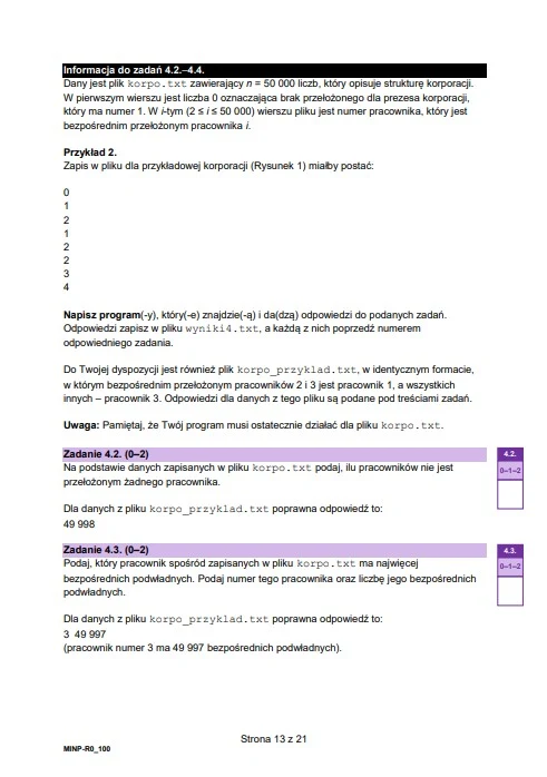 Fragment instrukcji programistycznej dotyczącej pliku opisującego strukturę korporacji, przykładowe dane wejściowe, zadania polegające na analizie pliku tekstowego oraz pola odpowiedzi do wypełnienia.