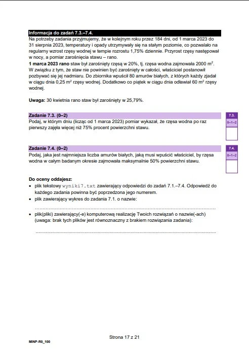 Strona dokumentu zawierająca informacje dotyczące zadań matematycznych o stawach wodnych, z wyraźnie wyróżnionymi sekcjami: żółtym polem z ogólnymi informacjami, fioletem oznaczonymi treściami zadań oraz miejscami na odpowiedzi po prawej stronie kolumny.